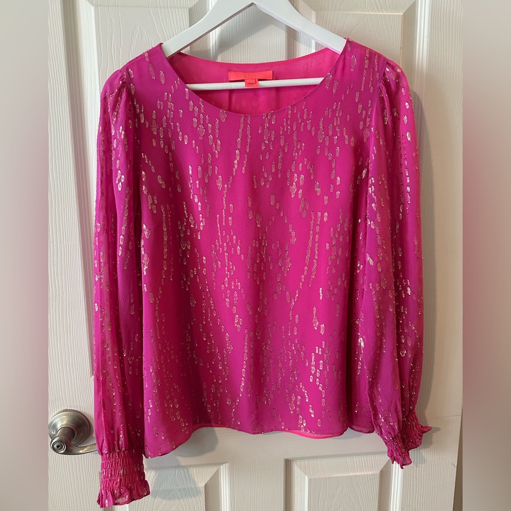 Lilly Pulitzer Hot Pink Ladies LS top with Gold Tinsel. Size: Large